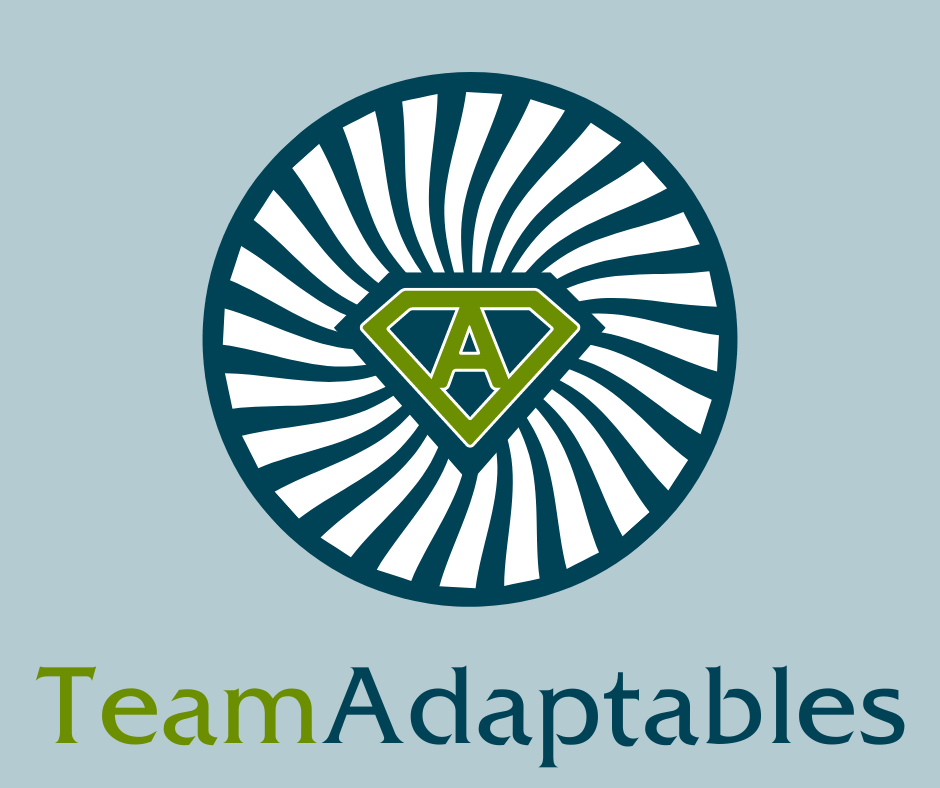 A light blue background with a large blue circle with white and blue spokes radiating out from the green 'A' shape at the center of the circle. Green and blue text reading "team adaptables"