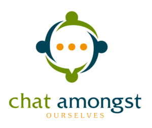 A group of four stylized human figures, seen from above, forming a circle with their arms around an orange ellipsis. Text reading Chat Amongst Ourselves in green, blue and orange below the figures.