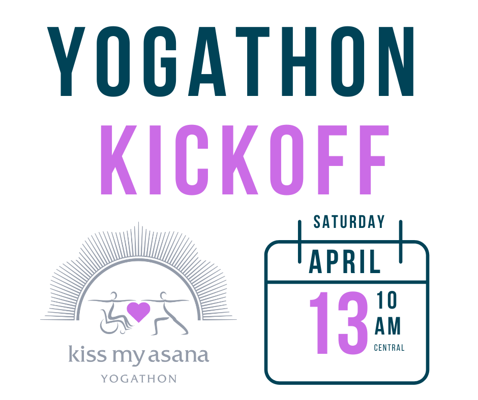 A white background. Blue and purple text reading "Yogathon Kickoff" A small calendar icon with the date April 13, 10 AM CT written on it. A small Kiss My Asana Yogathon logo on the bottom left.