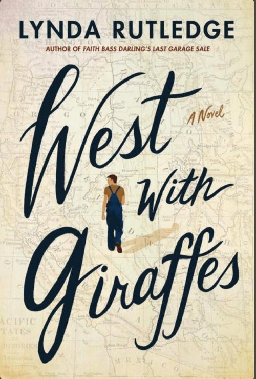 The cover of the book is a light colored map overlaid with black script reading "With Wet Giraffes. A novel. Lynda Rutledge." A small person facing away in the center of the image.
