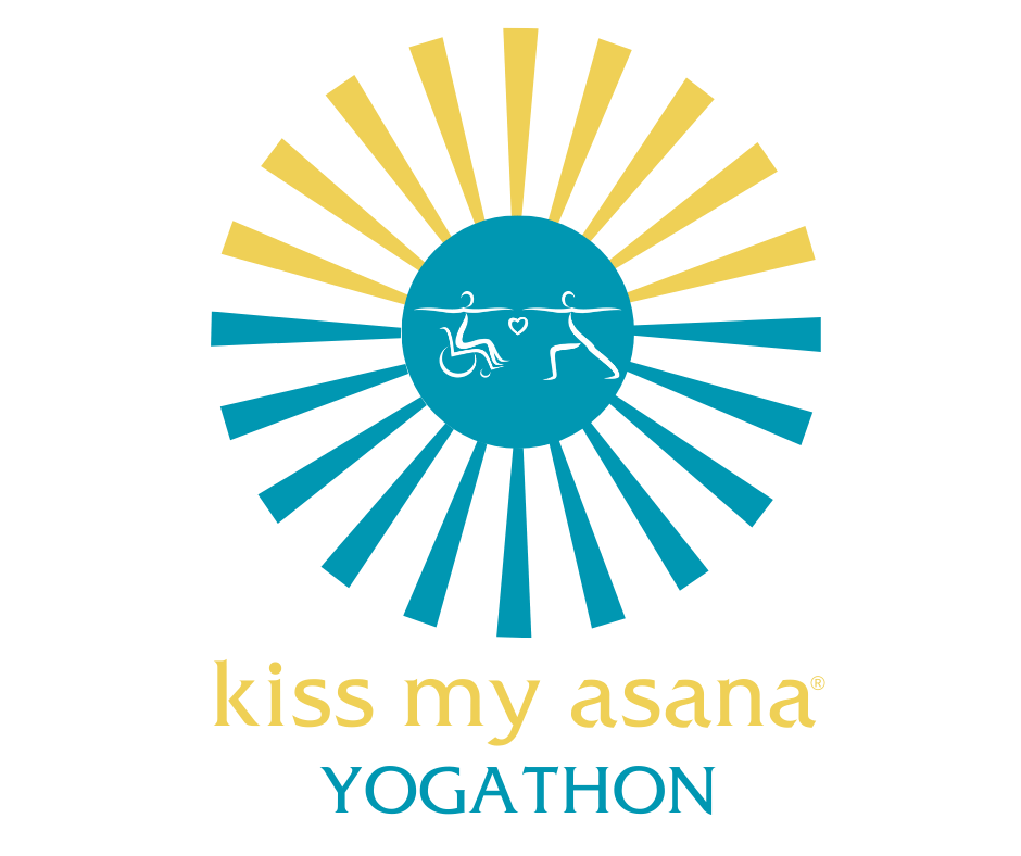 A yellow and teal starburst shape encircling two stylized figures, one in a wheelchair, one standing, both in Warrior II pose. Text reading "Kiss My Asana Yogathon" below the graphic.