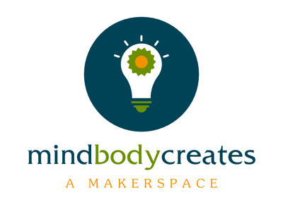 A blue circle surrounding a lightbulb. Text reading "MindBodyCreates. A Maker Space"