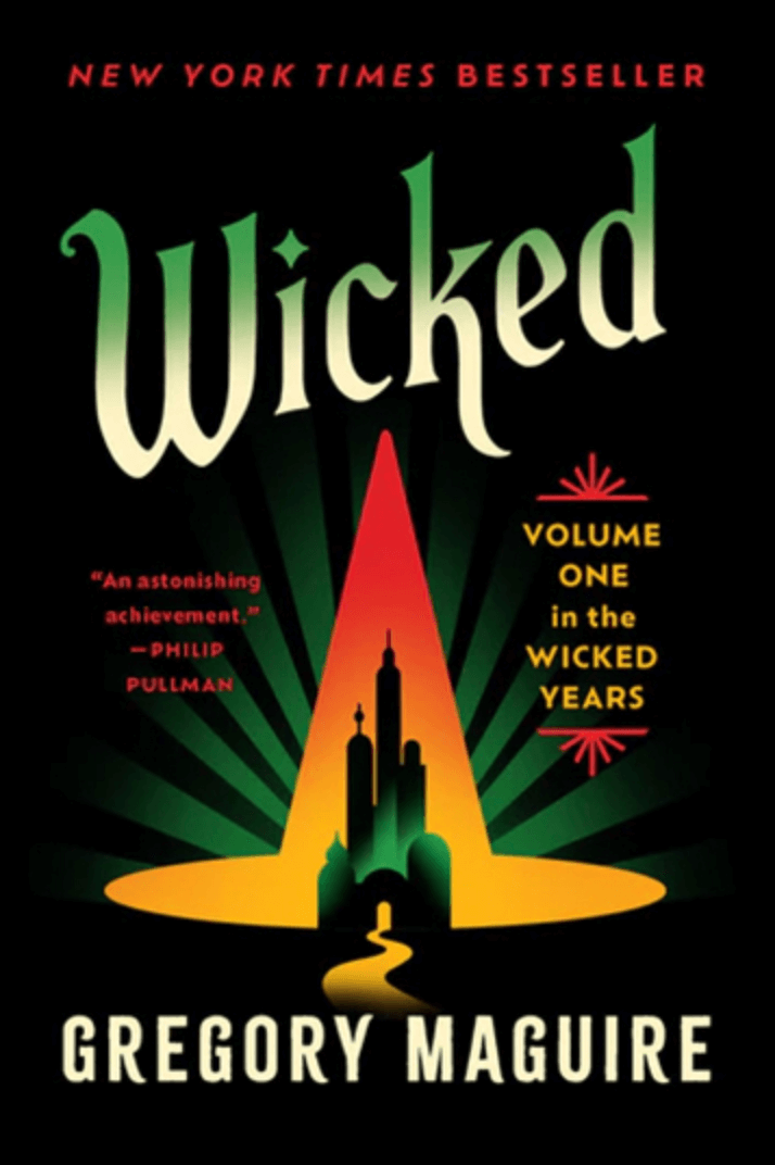 A witches hat with an image of a castle inside it. Text reading: Wicked by Gregory Maguire.