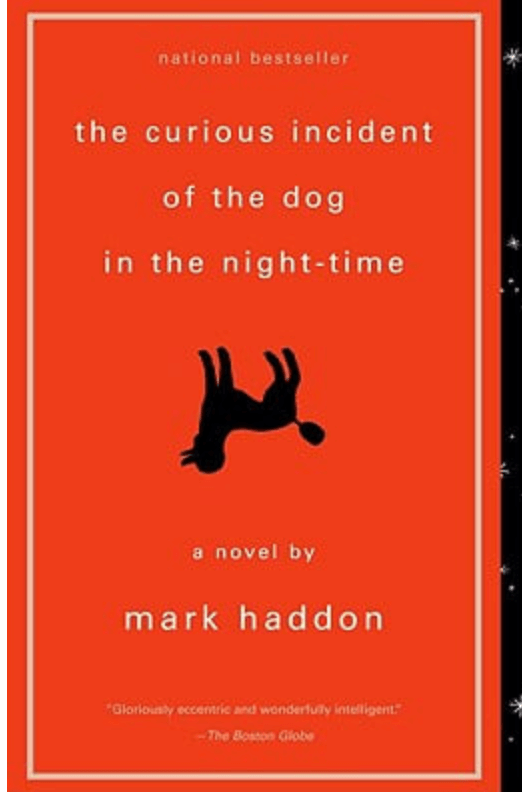 A red background. A silhouette of an upside down dog. Text reading: The Curious Incident of the Dog in the Night-Time. A Novel by Mark Haddon