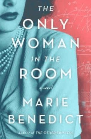 A partial view of a woman with dark hair, dark lipstick and several pearl necklaces. Text overlaid reading: The Only Woman in the Room by Marie Benedict